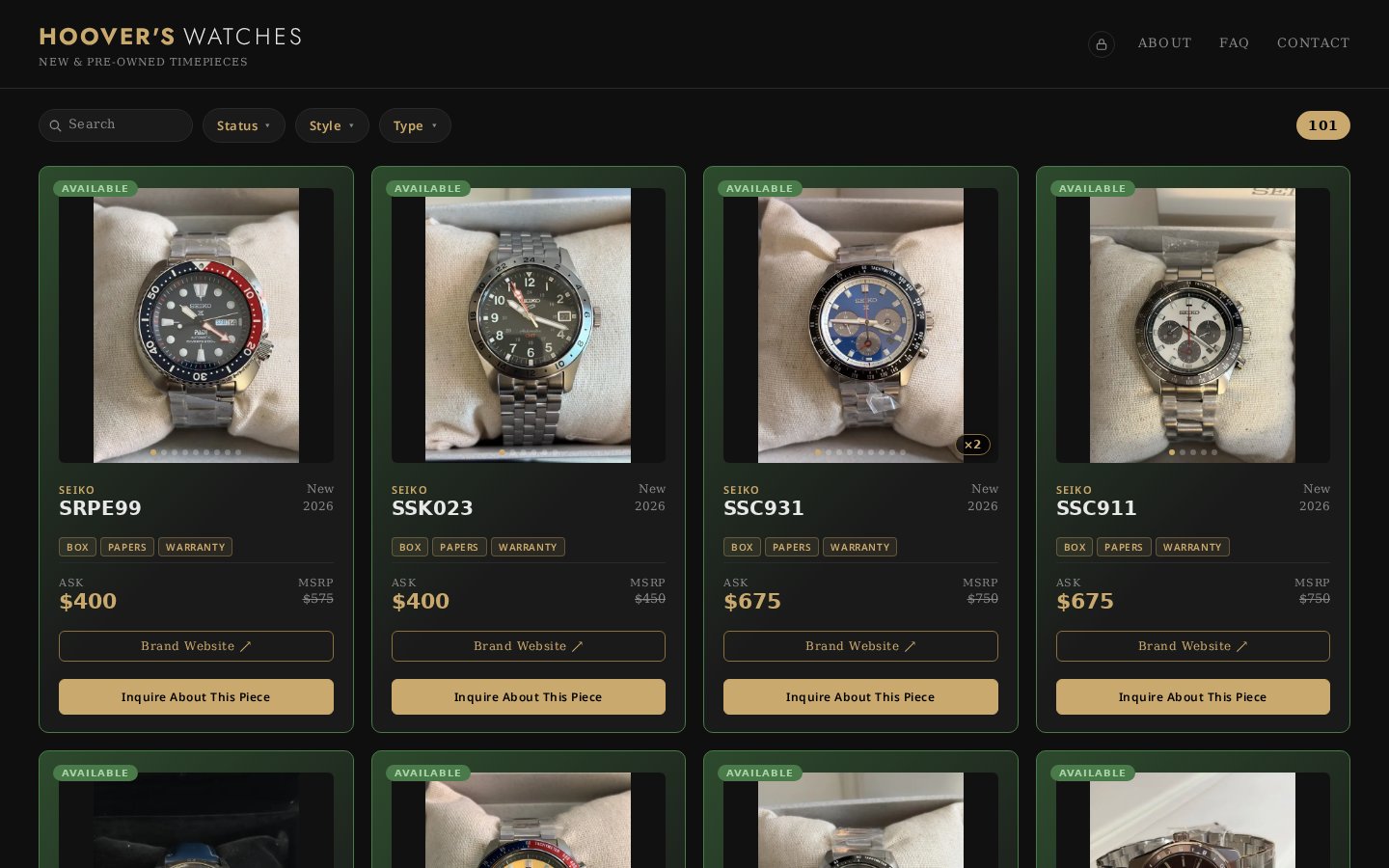 Hoover's Watches: Inventory system for new and pre-owned timepieces screenshot
